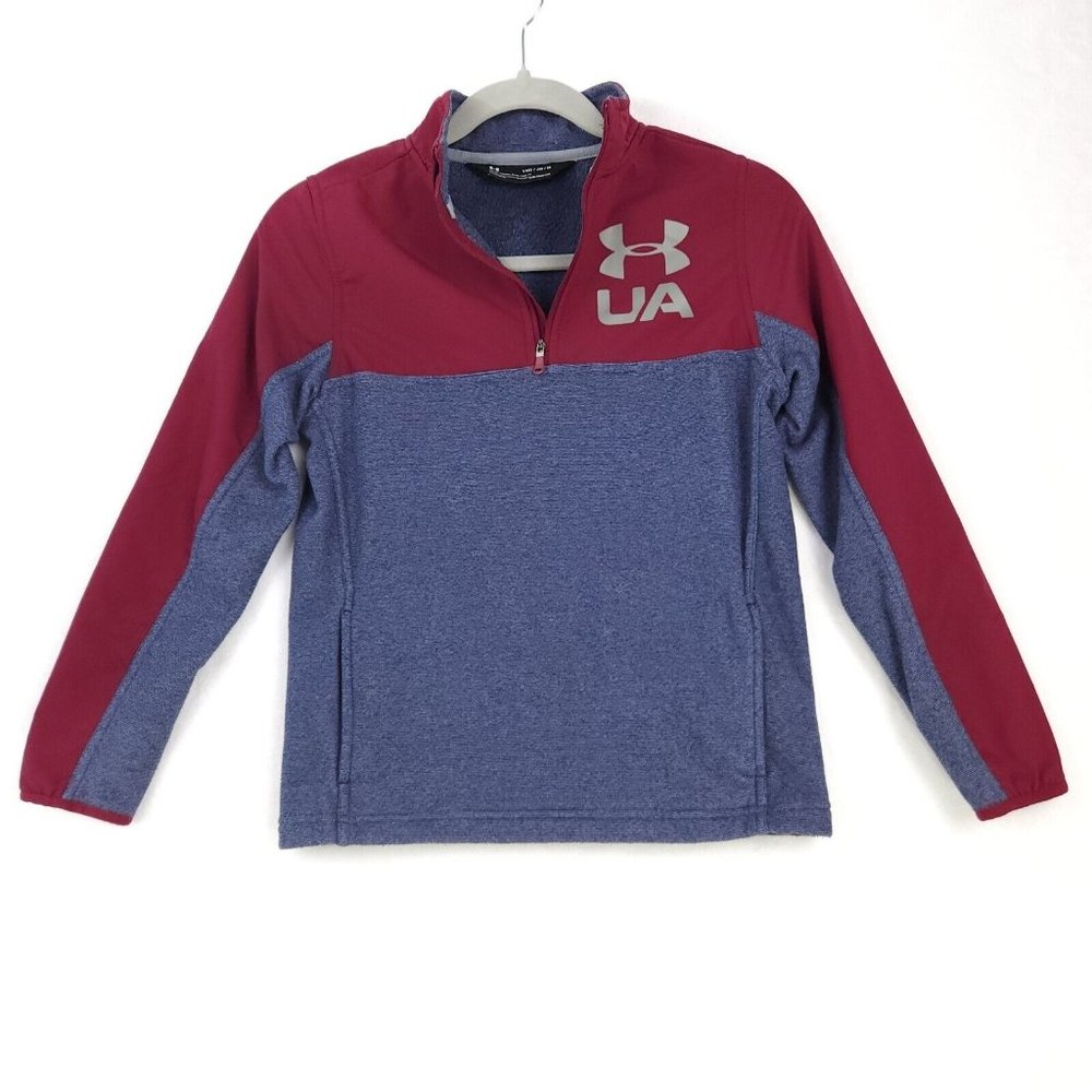 Under‎ Armour Cold Gear Jacket Youth Size M Loose Fit 1/4 Zip Maroon/Gray Stripe